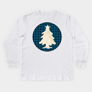 Christmas tree silhouette over a black and blue tile pattern Kids Long Sleeve T-Shirt